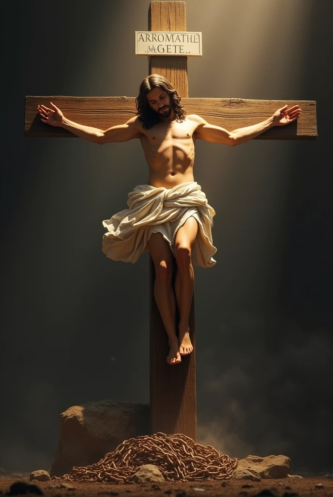 crucified Jesus: An image of Jesus on the cross all embraced, symbolizing the sacrifice that brought freedom to each of us. The cross needs to be illuminated, highlighting the victory over sin.
Place broken chains at the foot of the cross to show that it is through Christ that we are freed from the slavery of sin.