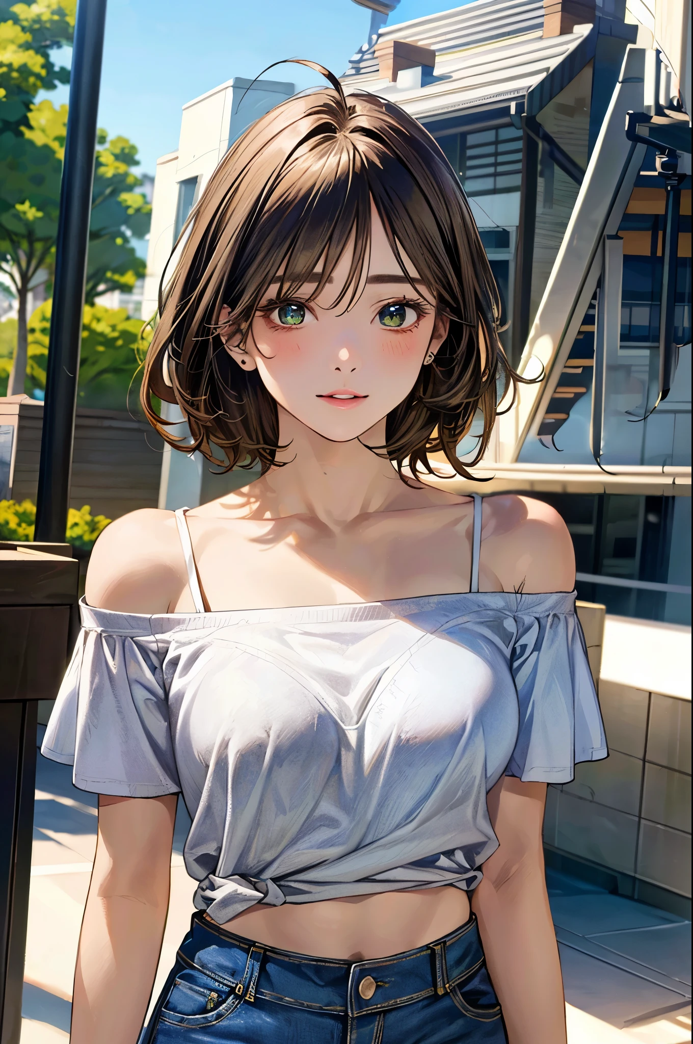 masterpiece, highest quality, High resolution,alone,Two-tone hair, Small earrings,Artistic,Best lighting,casual,Flat Chest,Beautiful Face,expensive,light makeup,natural,27 years old,Calm woman,Hair blowing in the wind,Blurred Background,Detailed Hair,Woman in sleeveless,Woman with her hair tied up,Forehead,short hair,Balcony,Watercolor,whole body,An illustration,Turning away,