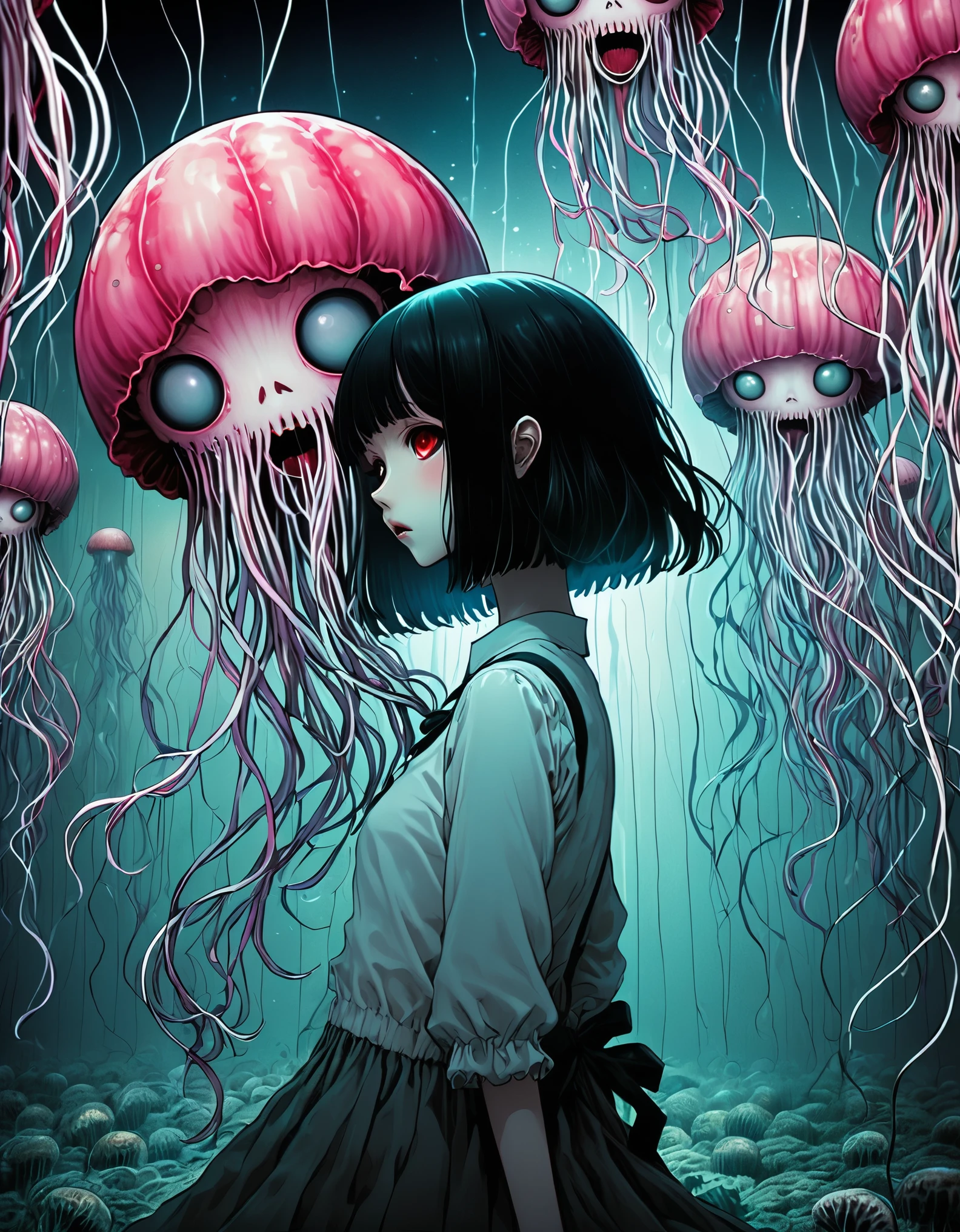 surreal horror, anime style, directed by Junji Ito, high contrast, vivid colors, eerie atmosphere, psychological tension, intricate line work, decapitated heads,electric jellyfish