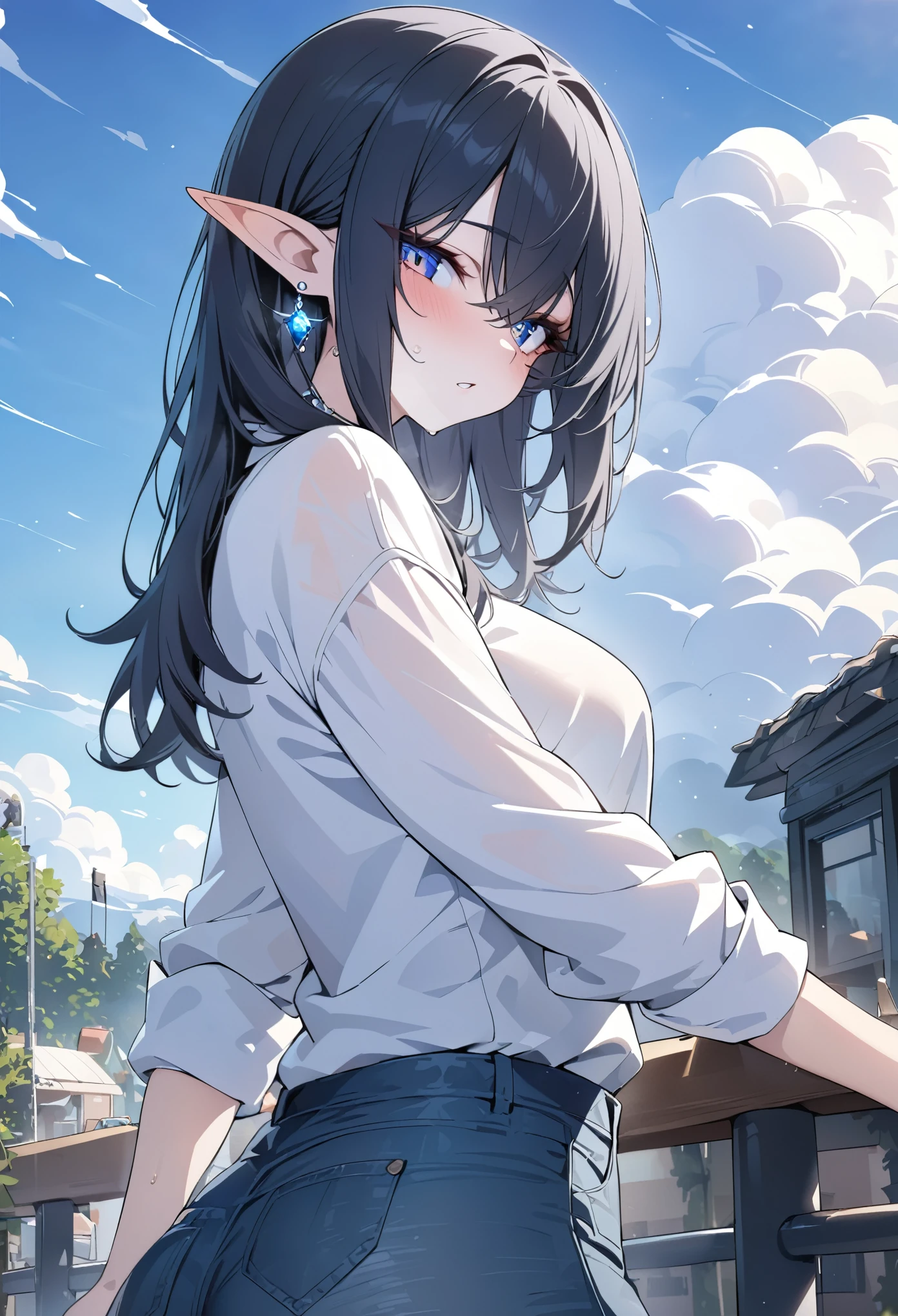 perfect eyes, soft light, high quality, 4k resolution, masterpiece, textured skin, high details, detailed face, detailed eyes, best quality, award winning, super detail, high quality, elf, black hair, pointy ears, crystal earrings, White linen shirt, Roll up the sleeves of her long-sleeved shirt, denim pants, street fashion, casual outfit, cumulonimbus clouds in the background, midsummer sunshine, ribbon, bead necklace