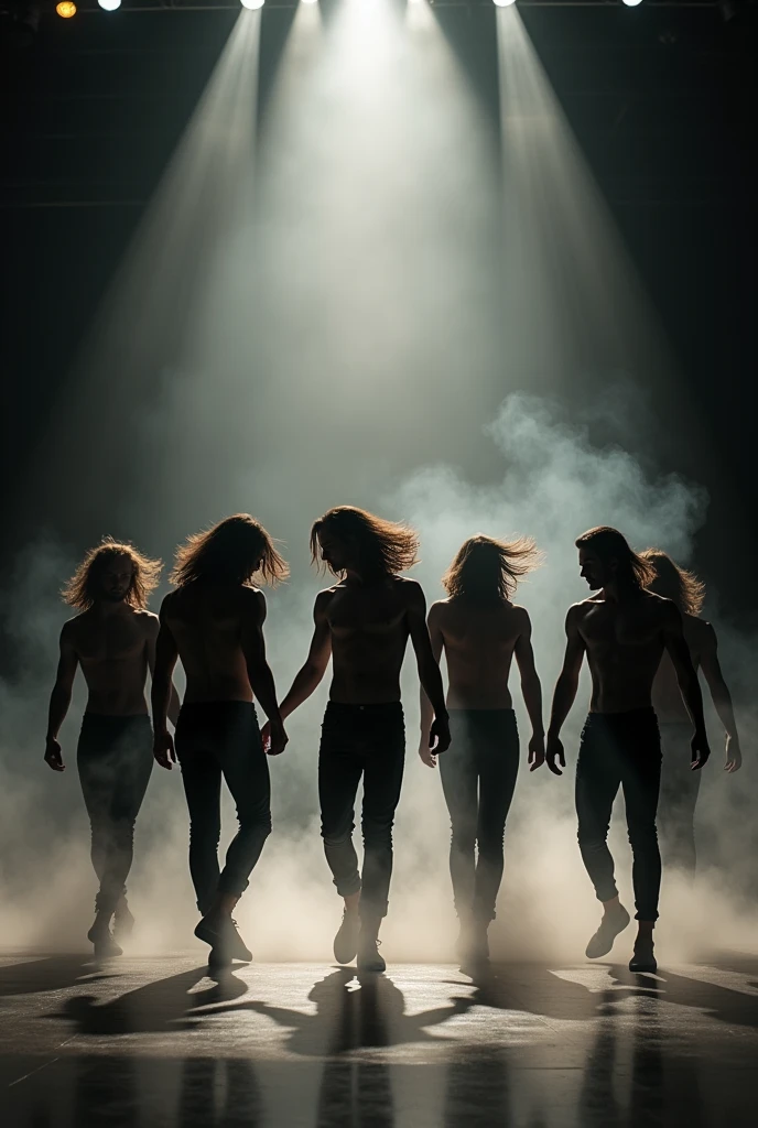 create a group of 6 silhouettes of young-adult men dancing in the shadows they are looking forward and have long hair, cant see any details of them, with more smoke in the ground; they are in a empty show stage;
good try, but there must be 6 men, and the hair is lower than that