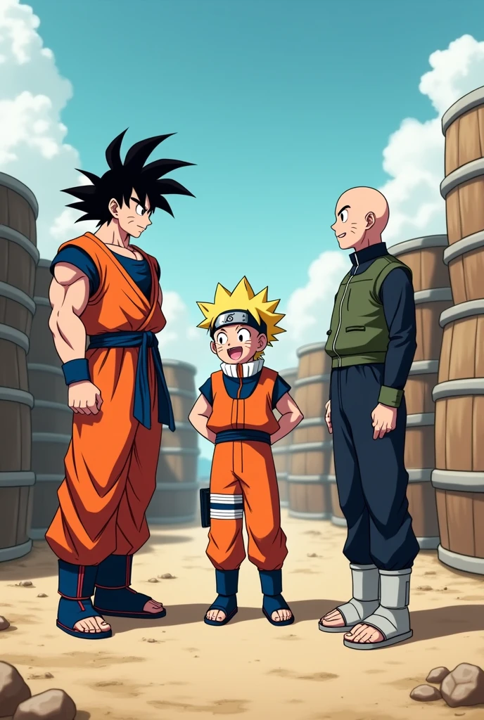 Goku talking to Naruto ,Saitama and the barrels