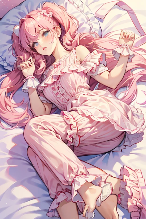Her Dreamy Bear version has light pink lips and her hair is worn in curled pigtails with a frilly red sleep mask covered in white sprinkles. She wears a pink and white top trimmed with red ruffles and a light blue ribbon wrapped beneath the chest, paired with pink pajama pants and red slippers. SPARKLE; GLITTER