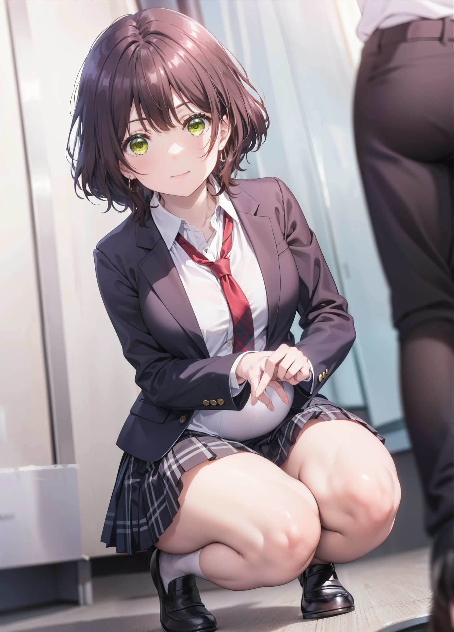 Seven days, Aoi Hinami, short hair, bangs, Brown Hair, (Green Eyes:1.5), smile,
break skirt, shirt, Long sleeve, school uniform, Jacket, white shirt, Pleated skirt, tie, collared shirt, Plaid, Plaid skirt, blazer, red tie,Black pantyhose,loafers,During pregnancy, birth, work, During pregnancyのお腹を抱きしめる,whole bodyがイラストに入るように,Are standing,
break indoors, room,
break looking at viewer,whole body,
break (masterpiece:1.2), Highest quality, High resolution, unity 8k wallpaper, (figure:0.8), (Beautiful attention to detail:1.6), Highly detailed face, Perfect lighting, Highly detailed CG, (Perfect hands, Perfect Anatomy),