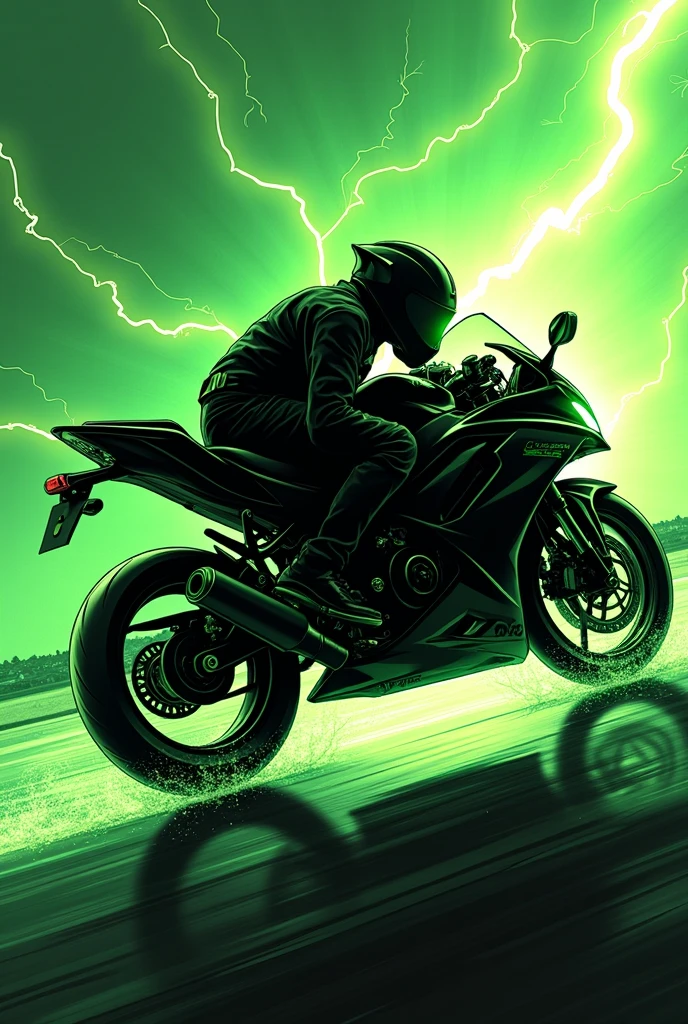 The black silhouette of the green lightning bolt in the shape of a Kawasaki Ninja 300 motorcycle with a displacement of, falling on the track, The bike is in profile and under the surface it says "Green ray", It is an epic and striking drawing style design