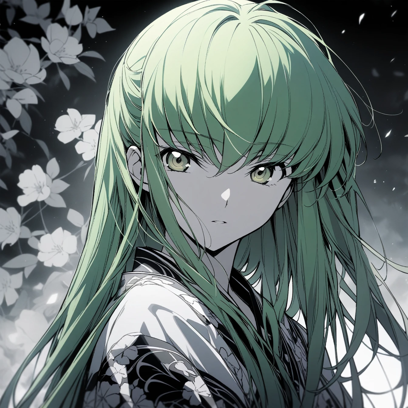 Beautiful anime portrait,Black gray monochrome,Oriental Wallpaper,pink,Feel,very anime style,1girl, c.c., code geass,Flowers,close up,Soft Light,Rich in details,The expression is firm,Kimono decoration,Background blur,鲜艳的颜Feel深沉,front,Green eyes,Green Hair