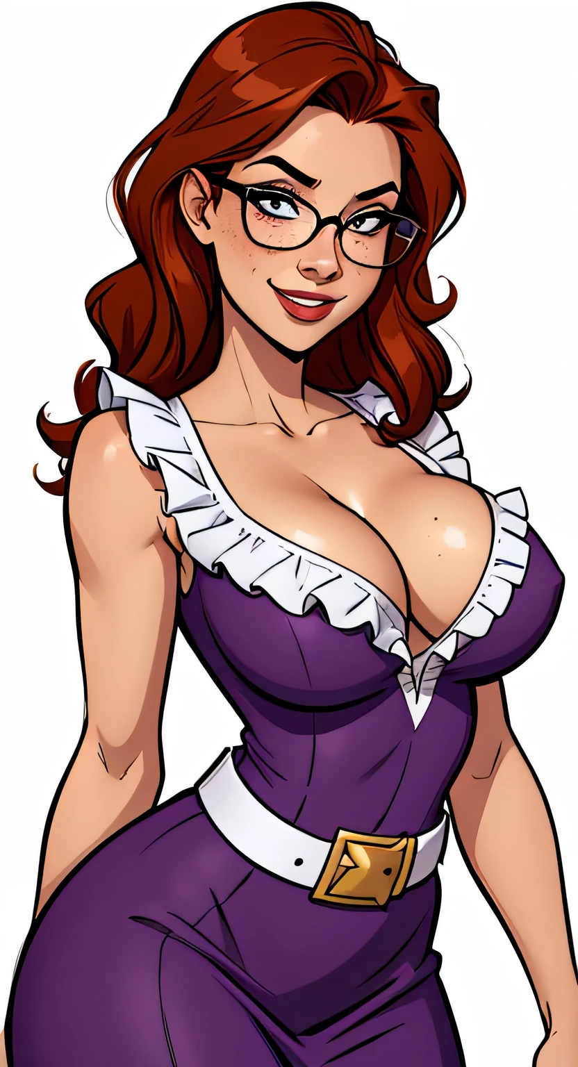 Thin woman, 4K (High definition), beautiful smiling, professor wearing a purple V-neck dress shirt (with ruffles), black belt, long white curly hair, Caucasian skin, round glasses, shoulder length wavy red hair, eyes browns, busty with freckles. comic style, white background.