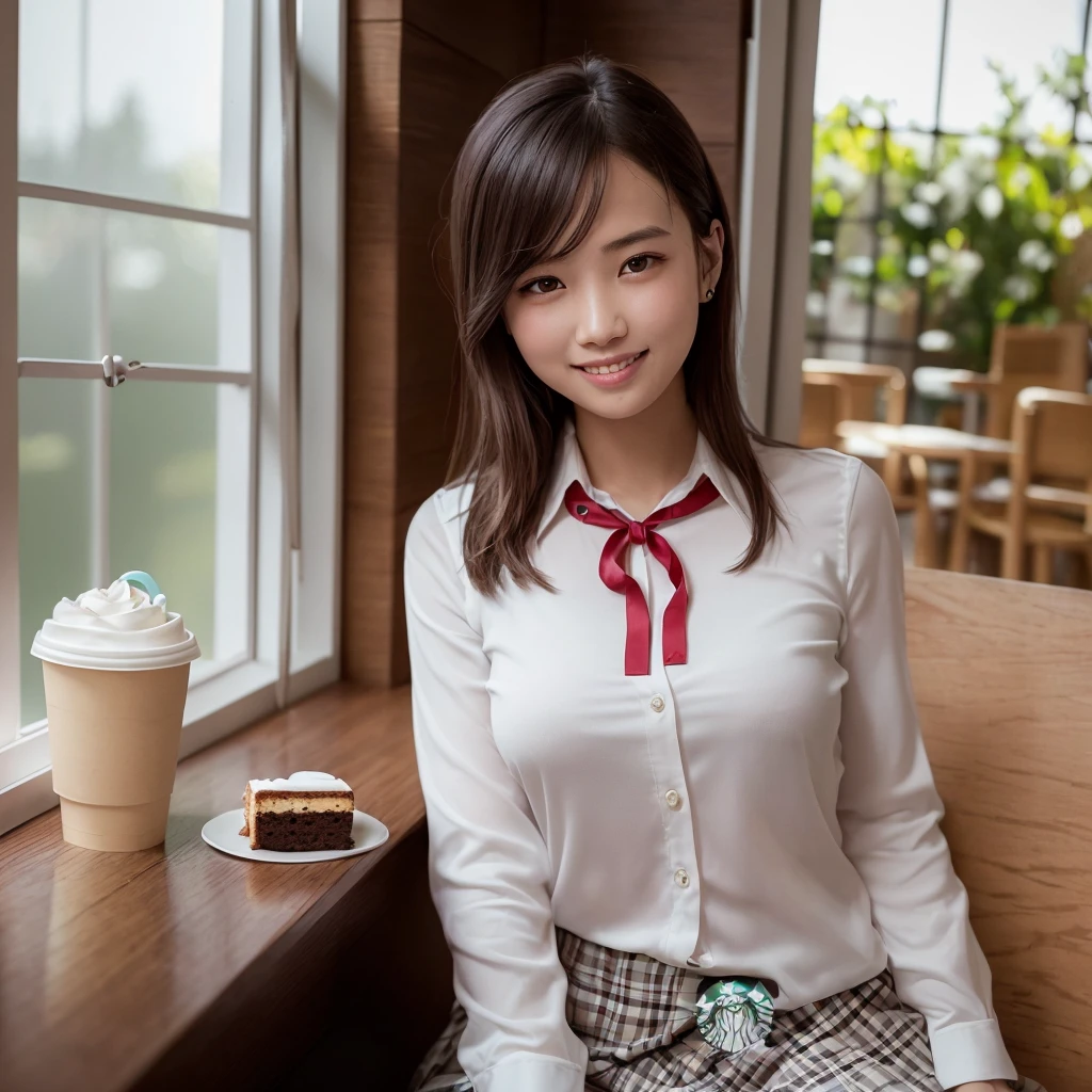 
8k、RAW Photos、Highest quality、Super detailed、Super Resolution、Ultra HD、8k wallpaper、Amazing details
((((White blouse with formal collar, Blue Blazer, 
Red Check Skirt, Red checkered ribbon on blouse)), Complete limbs, Full Finger, ))
(((((((Inside the Starbucks store、High school girl)))))))、((((((Sit down and eat cake、Drink coffee、smile))))))、((Heart Necklace))
((((((White skin))))))
((((((Woman sitting at the window seat))))))
8k、RAW Photos、Highest quality、masterpiece:1.2、Super detailed、Super Resolution、Ultra HD、8k wallpaper、Amazing details、Photorealistic:1.4、Having fun by the water、Full Body Shot、Full body photo、High-resolution RAW color photos、Professional photos、A scene full of emotion、Very detailed and beautiful、Ultra HD、8k wallpaper、Amazing details、Huge file sizes、extremely detailed beautiful、Highly detailed face Highly detailed eyes、Extremely realistic skin、 Highly detailed fingers, Highly detailed nose, Highly detailed mouth, Perfect Anatomy, Highly detailed background, Highly detailed clothing, , cute, Famous Japanese Idols, cute, Realistic body, Slender, White skin, Glowing Skin, Slim body, Realistic Face, Delicate eyes, double eyelid, 
