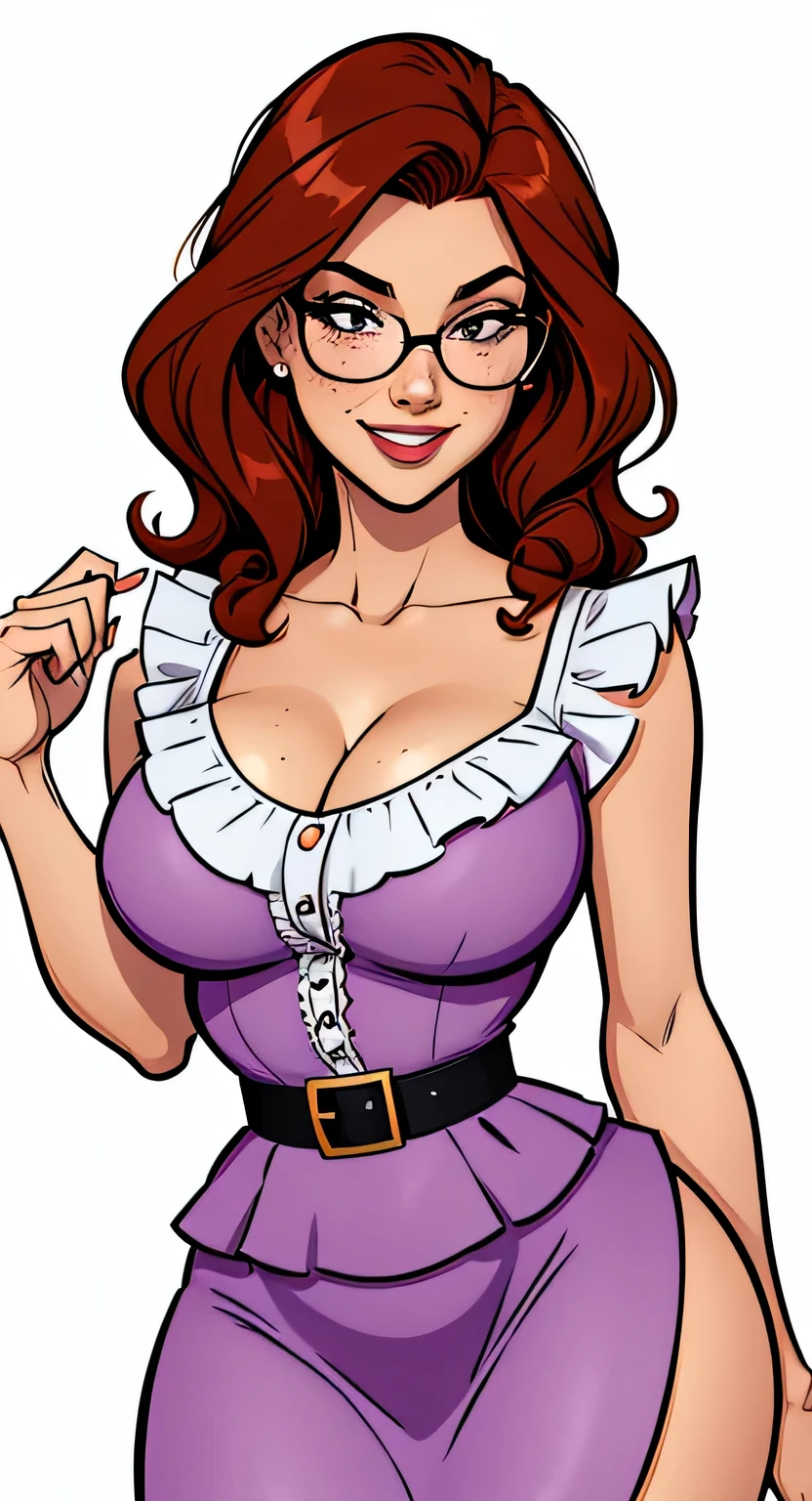 Thin woman, 4K (High definition), beautiful smiling, professor wearing a purple V-neck dress shirt (with ruffles), black belt, long white curly hair, Caucasian skin, round glasses, shoulder length wavy red hair, eyes browns, busty with freckles. comic style, white background.