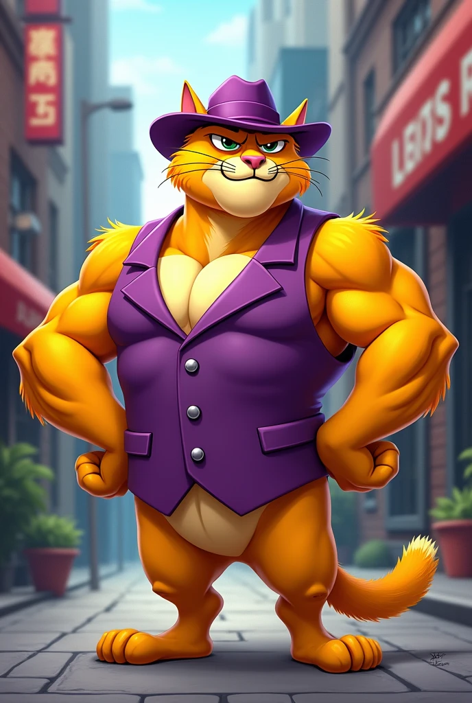 A Muscular Cartoon Yellow Cat Named Top Cat Wearing A Purple Fedora And Purple oned Up Vest