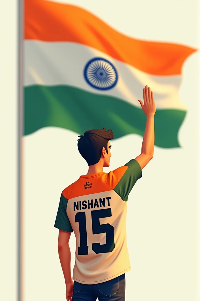 A 21 years old boy salutes the national flag of Bharat and he is wearing a shirt print is like Bharat flag and ” NISHANT” and 15 number and republic day in small written on it’s back in big and bold fonts, 3d illustration.