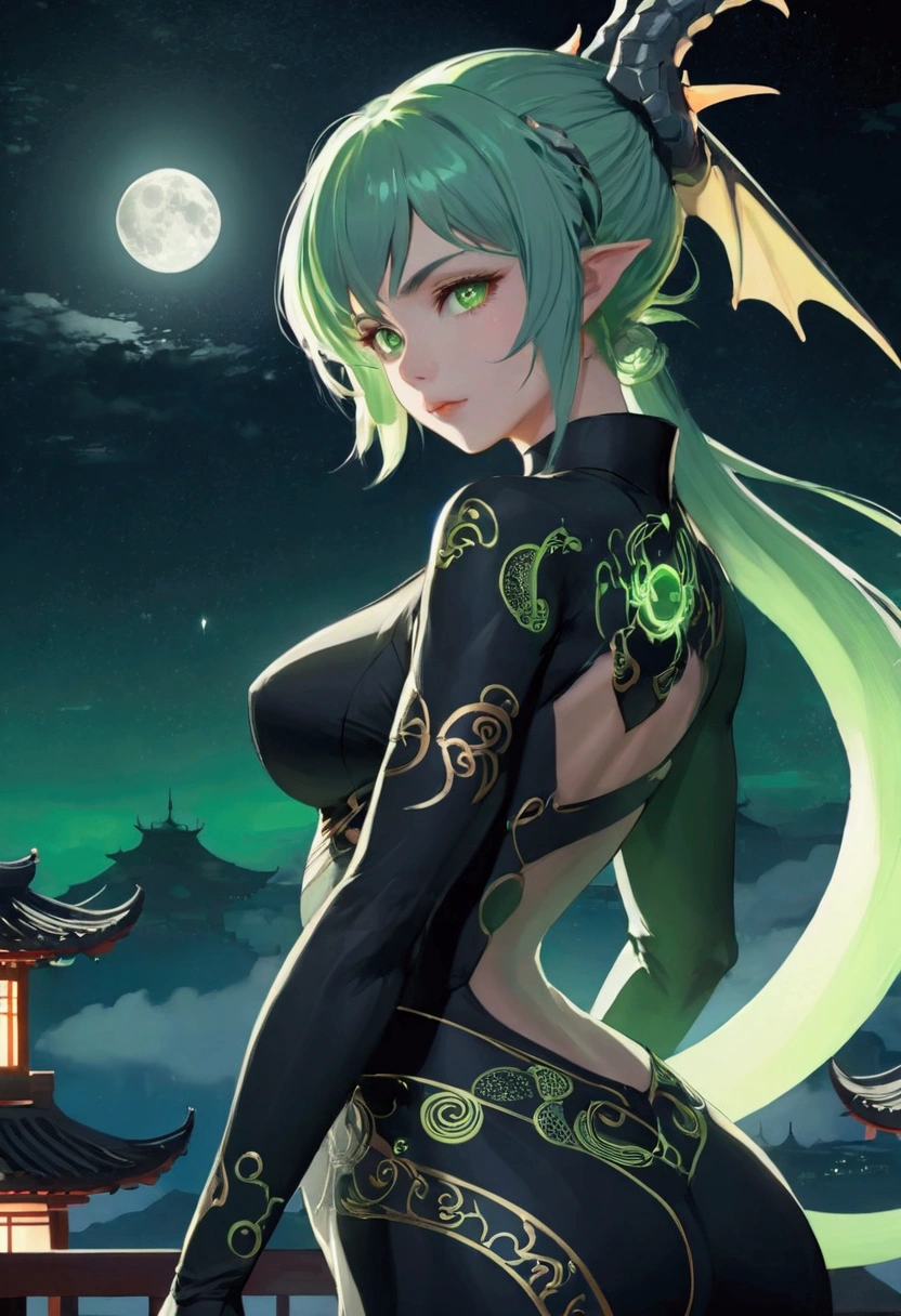 Anime style, Dragon-like spirit ,sci-fi ninja, emulsion , Light green hair, Small Breasts, Slim figure, Moonlit Night,