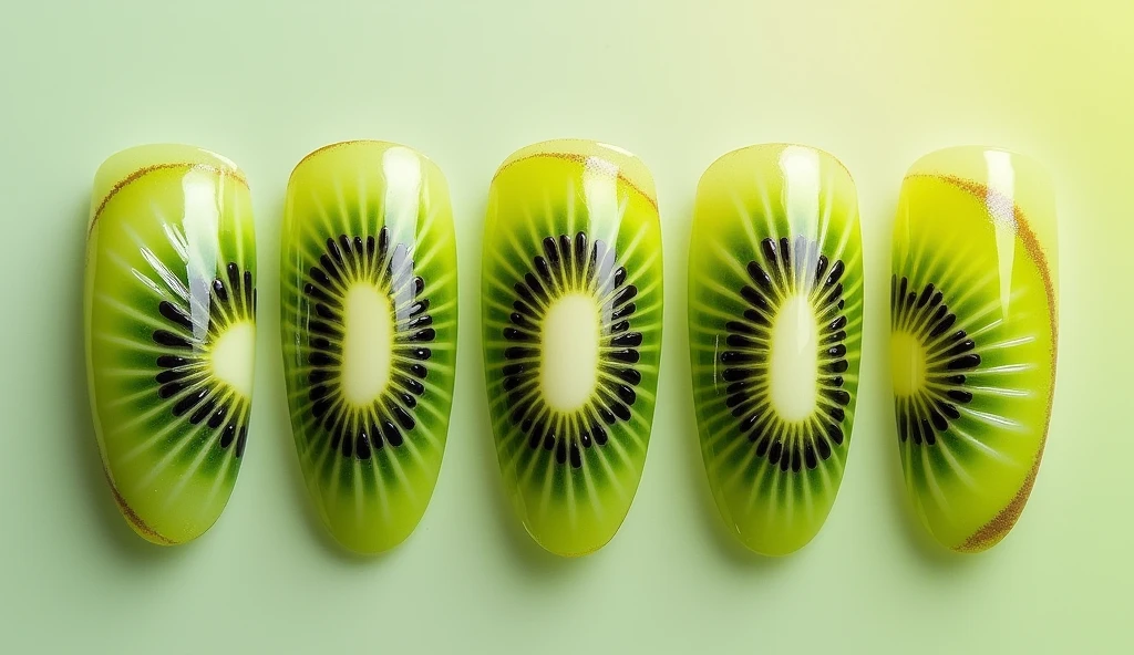 Kiwi Splash Nail Art: Each nail is designed to resemble a juicy kiwi slice. The center of the nail features a realistic kiwi fruit core with its characteristic black seeds radiating outward. The background is a gradient of soft, pale green that fades into a vibrant lime, mimicking the transition from the inner fruit to the outer flesh. The tips of the nails are subtly textured to represent the fuzzy skin of a kiwi, adding a tactile dimension to the design.

