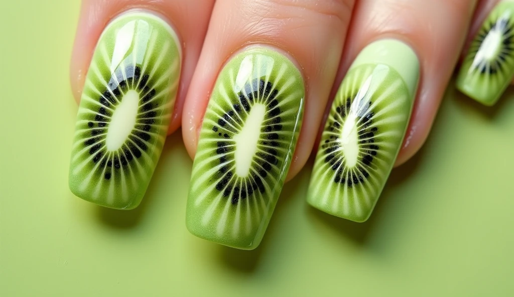 Kiwi Splash Nail Art: Each nail is designed to resemble a juicy kiwi slice. The center of the nail features a realistic kiwi fruit core with its characteristic black seeds radiating outward. The background is a gradient of soft, pale green that fades into a vibrant lime, mimicking the transition from the inner fruit to the outer flesh. The tips of the nails are subtly textured to represent the fuzzy skin of a kiwi, adding a tactile dimension to the design.