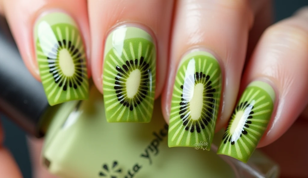 Kiwi Splash Nail Art: Each nail is designed to resemble a juicy kiwi slice. The center of the nail features a realistic kiwi fruit core with its characteristic black seeds radiating outward. The background is a gradient of soft, pale green that fades into a vibrant lime, mimicking the transition from the inner fruit to the outer flesh. The tips of the nails are subtly textured to represent the fuzzy skin of a kiwi, adding a tactile dimension to the design.