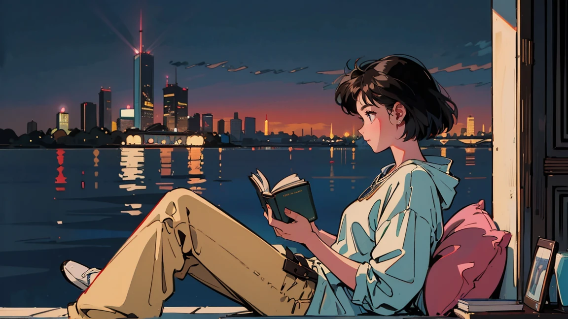 Highest quality, 8k, 1990s style,Hairstyles of the 2010s, 21 year old girl, Black Hair, Bob Hair, Light brown eyes, City Pop, pants ,Night view of the sea, Relax on the veranda、,Reading a book, whole body, Relax Coffee,profile