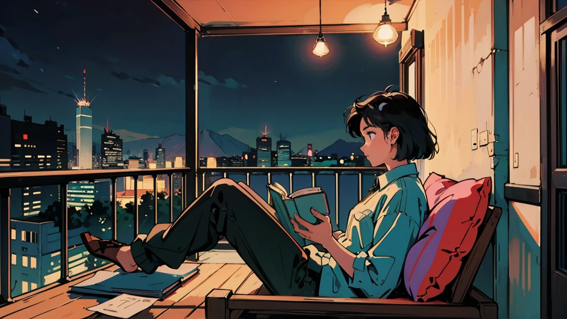 Highest quality, 8k, 1990s style,Hairstyles of the 2010s, 21 year old girl, Black Hair, Bob Hair, Light brown eyes, City Pop, pants ,Night view of the sea, Relax on the veranda、,Reading a book, whole body, Relax Coffee,profile