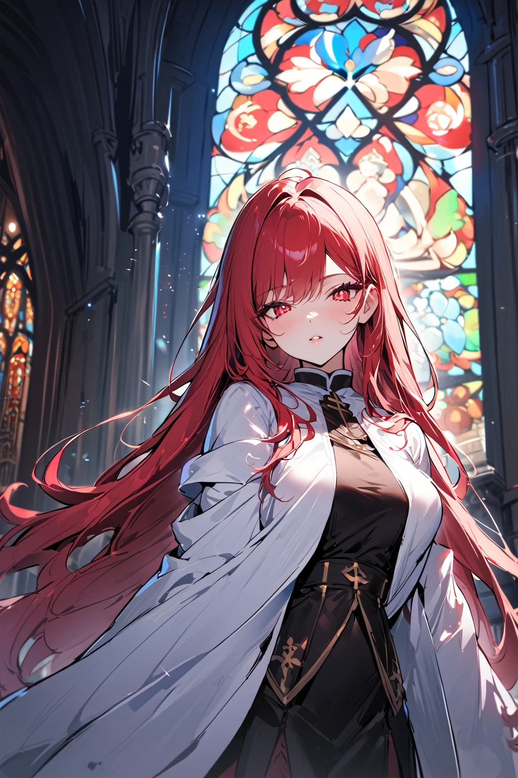 1girl, red hair, solo focus, clearly, red eyes, very long hair, stole, priest, Bishojo, church,dynamic angle,dynamic pose,