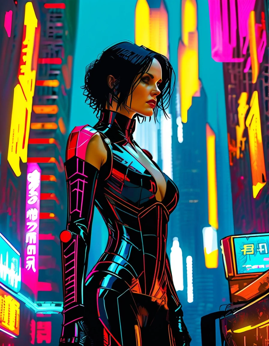 The awesome 32 years old female Cybernetic Warrior [Trinity:Carrie-Anne Moss:0.1], wears dark suite like costume, standing quietly and calmly at the top of the neonpunk skyscrapers of the cyberpunk city, busty and alluring 
