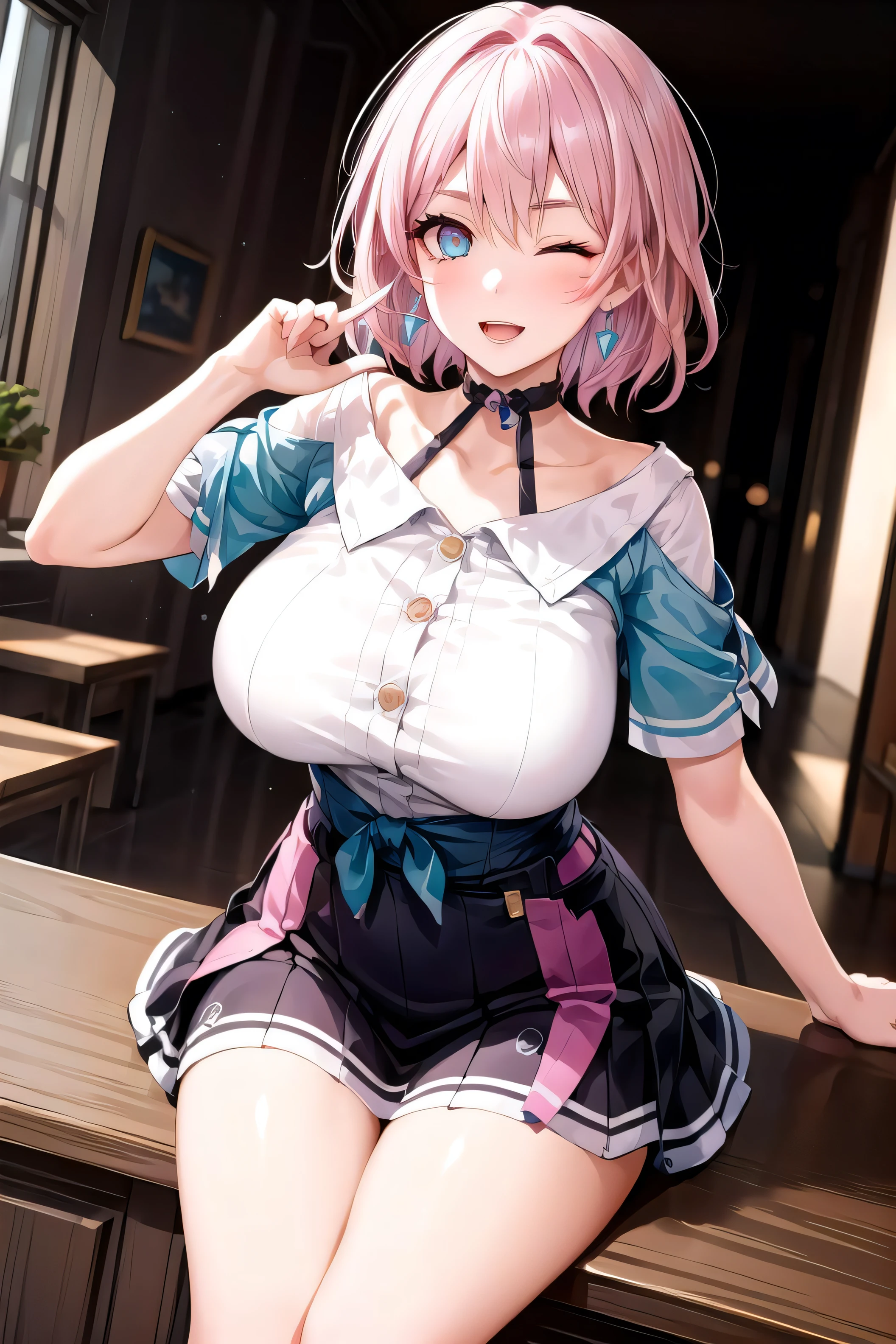 ((Lift up pleated skirt)),(Show your chest),(Pink nipples),(Large Breasts),black tights,White pleated skirt,Large sweater,Waistline,Looking up,My crotch is so wet,blush one&#39;s cheeks,Beautiful woman with pink hair,