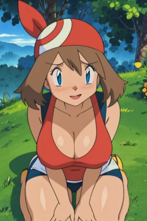 (masterpiece, 4K, Highest quality, anime style: 1.9, Detailed face, Lovely, bold, High resolution, anime, alone, Curvaceous, Thighs, Cleavage, Center of chest, Very slim belly, Cowboy Shot, Leopard print micro bikini,Red Bandana,((blush,Kind Face)), May (Pokémon Advance),Naked in a swimsuit,(((Ocean)))