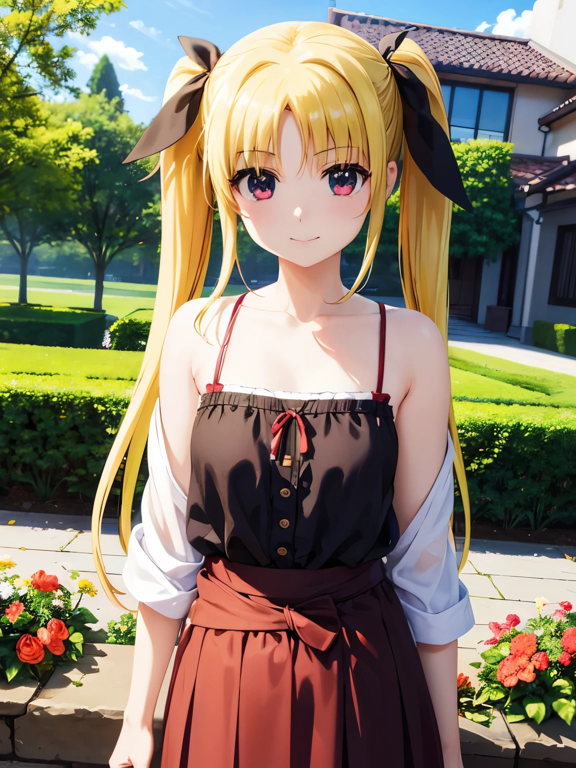 Highest quality、(Anime illustration style:1.3),High resolution、whole body、Are standing、garden、Total Golden Week、one person&#39;s、Build a Testarossa、 Blonde、Twin tails、Beautiful and attractive red eyes、Black Ribbon、smile、Very detailedな顔、Mouth closed、camisole、Long skirt、1 person、Beautiful Eyes, Sharp pupils,  Sharp focus, (Very detailed, bloom, Shine:1.5)、(Genuine、Realistic、Realistic:1.2)、High resolution、超High resolution、Ultra-fine painting、Cowboy Shot