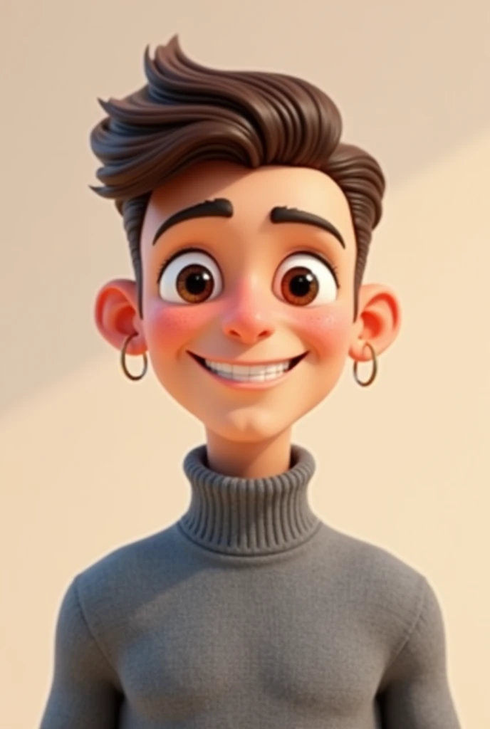 A young man , with short brown hair, small hoop earrings, square face, and brown eyes, wearing a gray turtleneck. 3d cartoon, looking straight ahead, Grinning.