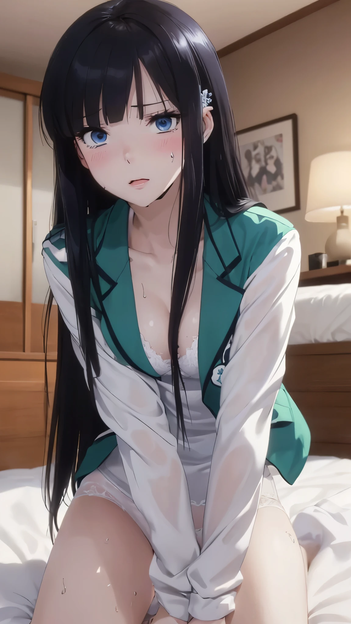 1 personの, alone, masterpiece, Highest quality, 
The Irregular at Magic High School, Miyuki Shiba, Shiba Miyuki, Iris, blue eyes, tsurime, eyelash, Black Hair, Long Hair, Hime cut, Straight hair, Blunt bangs, blunt end, Side Lock, hair ornaments, snowflake hair ornaments, First high school uniform, dress, white dress, collared dress, Jacket, green Jacket, cropped Jacket, open Jacket, Long sleeve, Large Breasts,
(masterpiece: 1.3), (Maximum resolution: 1.2), (Ultra High Definition TV: 1.2), Cinematic Light, 8k resolution, Detailed facial features , (Sharp focus: 1.2）, (Focus on the face:1.2),Perfect Style, Beautiful Face, Acura, Anatomically correct, Highly detailed face and skin texture, Beautiful Eyes,Beautiful Eyes, Thin eyebrows, Natural Cheeks, Glowing Skin, Fair skin: 1.2, (Glossy Lips: 1.4),、 (Embarrassed look: 1.2),Highly detailed face and skin texture, Natural Cheeks, , Glossy Lips: 1.4,Perfect Style、Cleavage、Soft Breasts、（Semen on chest:1.6）（Cum on thighs 1.5）、 Sperm on tongue、Drenched in sweat、Wet clothes、blush、A humiliating look、Anxious expression、Frightened expression、Embarrassed look、Glare、anger、sorrow、tears、Open your knees、Spread your legs、 White underwear、Disheveled clothes、sweating、Thin underwear、18-year-old、 clear, A clean-cut woman,1 person、 Upward-facing chest, Black Hair、blue eyes、Beautiful Eyes、Torn clothing、masturbation behavior、At the bed、（On my back、At the bedLying down、Lying down、White sheets:1.7）、avert your eyes、Straight Long Hair