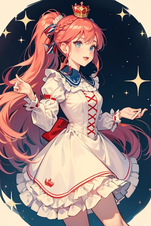 Jessicake wears a soft blush, red lipstick, and peach eye-shadow. Her hair is pulled into a thick ponytail with a braid through it, one section being entirely red to match the lining of her side-swept bangs. She wears a red headband with a white and red cupcake that has a crown ornament. She wears a red dress with a white frilly middle and dark blue collar. Her puffed sleeves are pale pink, and her skirt is scalloped with a curling line design above it, shaped to reveal blue fabric with a Union Jack on the left and lace trim. She wears blue short boots with a cupcake heel and a Union Jack at the middle. The tongue and shoelaces are red with a crown at the middle. SPARKLE; GLITTER