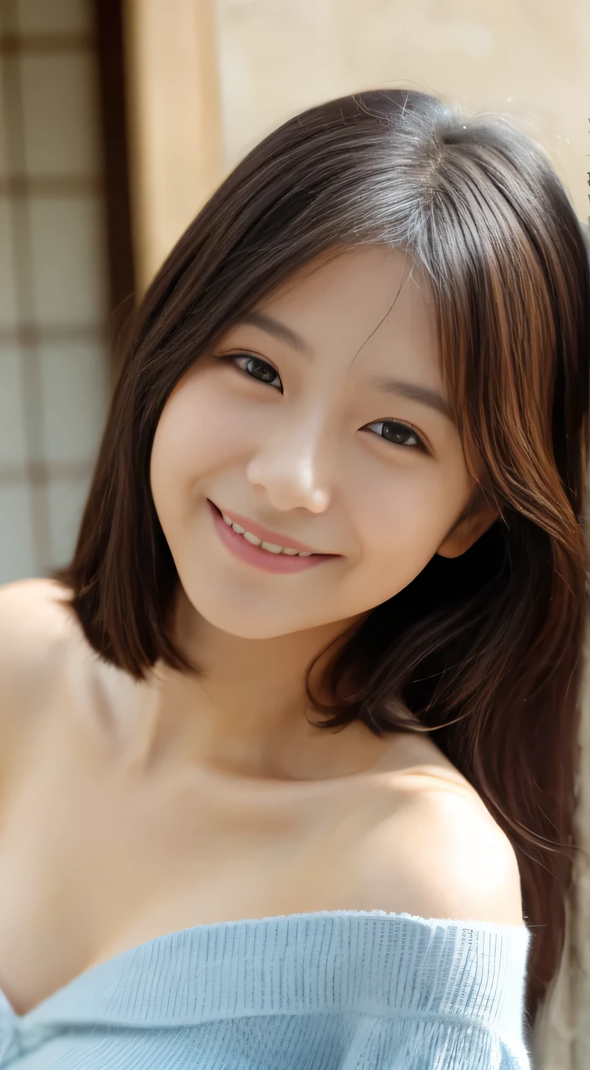 Very very very skinny asian little flat chest, short hair, ((medium breast, naked, nsfw)), close up face, dynamic angle, smile showing teeth, photorealistic, high resolution, looking at viewer, sharp focus, detailed, professional lighting, from above