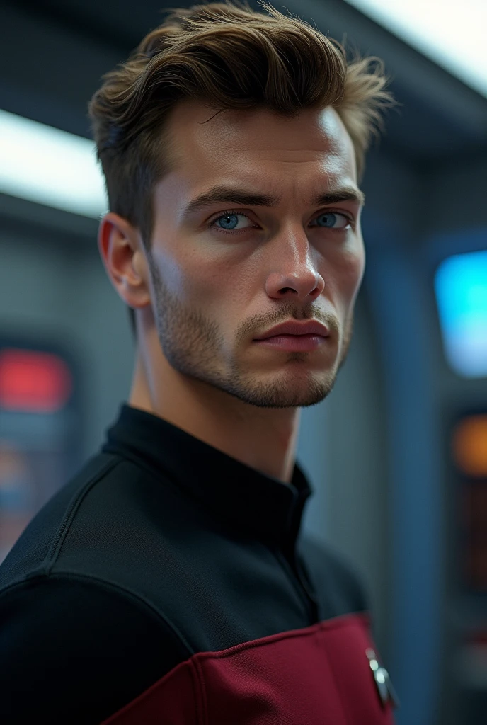 Star Trek Deep Space 9 uniform,portrait of a man, 20 y.o, perfect face, natural skin, Timothée Chalamet, film grain, ((face close-up)), realistic photoart, blue eyes, stubble, quiff hair, muscular, realistic, cinematic, best quality, detailed background, depth of field, intricate details, dynamic pose, dynamic angle