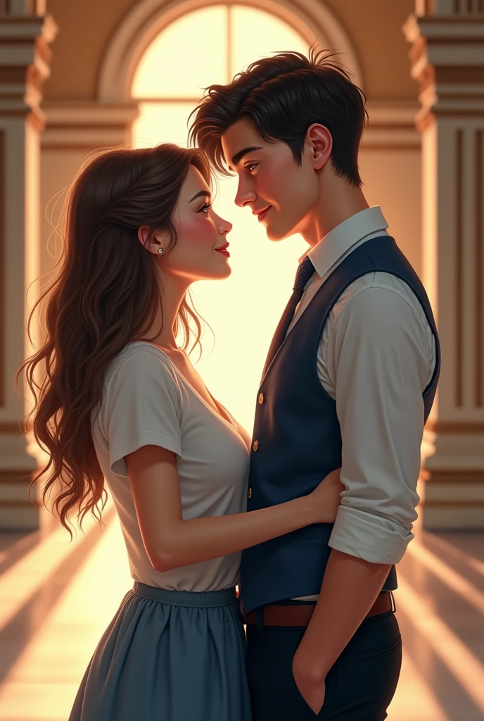 I need a young man of 18 years old dressed in a white shirt and black pants looking at a young woman who is not very tall in a hall, she should dress casually, but he must wear a blue vest. The young man should reflect love at first sight, while she should have a smile of innocence.