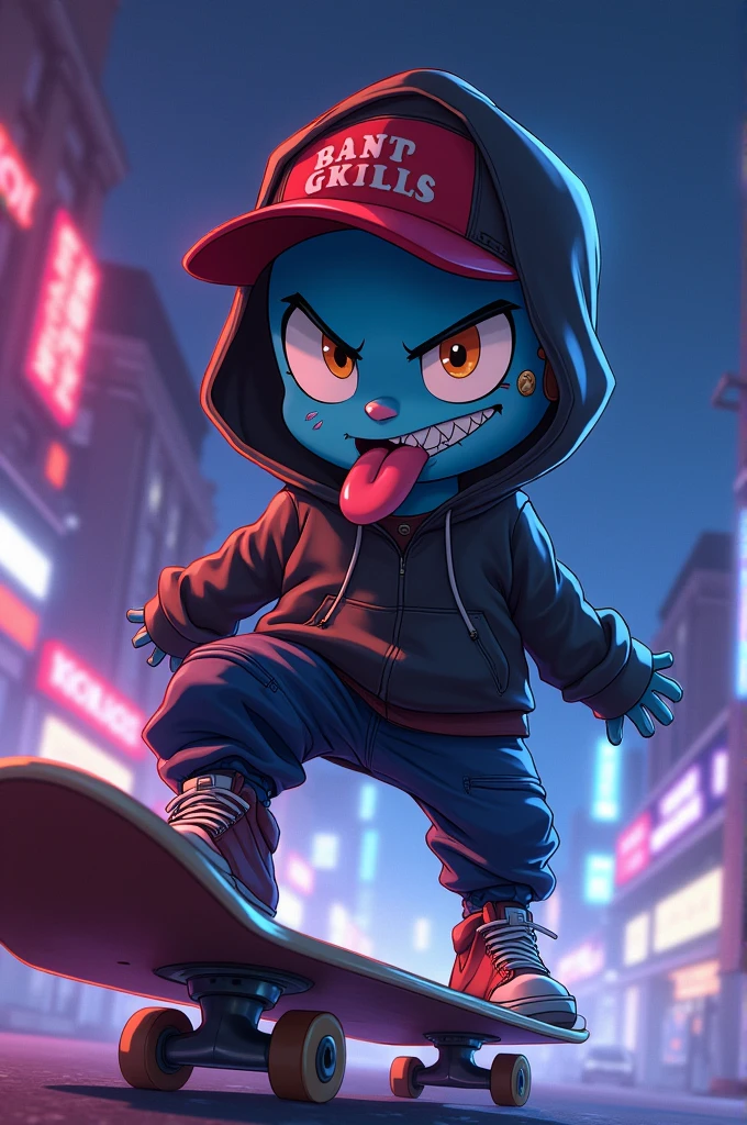 Personagem gumball da serie animada "the amazing world of gumball" wearing gangster-style skater clothes, on top of a skateboard with high-speed effects, with a mischievous smile with a large, sharp tongue out (tongue out) and scar on the eye, earring in ear, a night with shades of lighting pulled towards purple and a touch of blue, Arte estilo de anime
