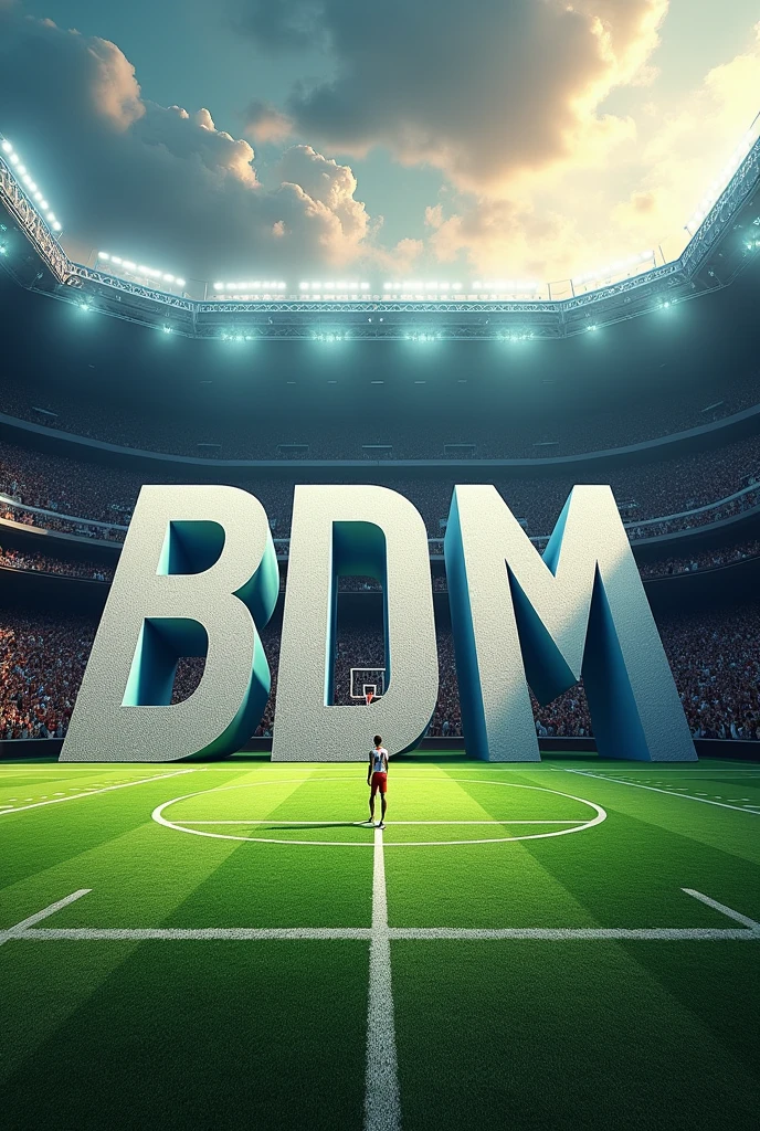 A football field, instigating a partnership between basketball and football, with the white letters "BDM" on the