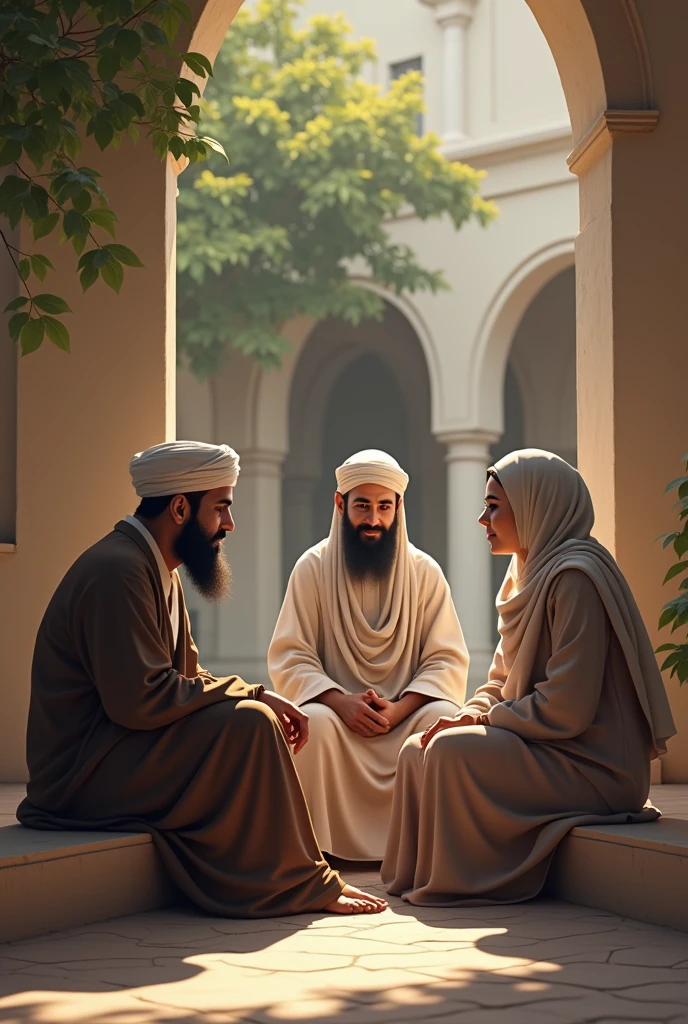 3 muslim person sitting and discussing full body image only persons no other objects