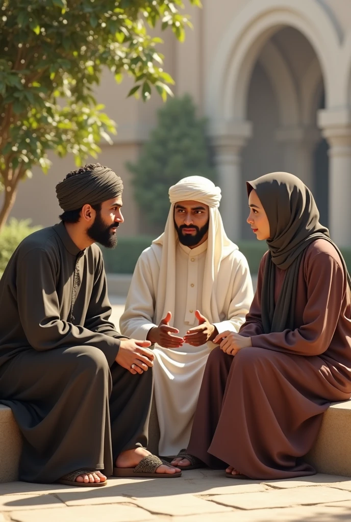 3 muslim person sitting and discussing full body image only persons no other objects