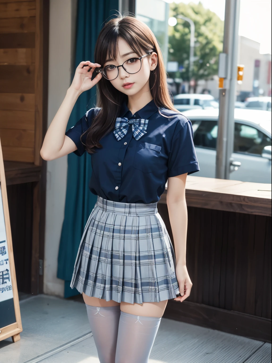 (8k、生photograph、 Highest quality、masterpiece:1.2)、(Shortcuts)、(Small eyes)、((Black Pantyhose))、((Small breasts)、(Small breasts)、(Small breasts)、(Cutting board)、(Half an eye))、((Sleepy eyes))、((Squint your eyes))、(Round Glasses)、Droopy eyes、One person、cute、JK、high school girl、Japanese women、(Are standing)、(PhotoReactive:1.37)、Photon Mapping、Real、(Very delicate face)、round face、cute小さな顔、Brown eyes、(Red bow tie)、Radio City、Physically Based Rendering、Prospect、Character boundary depth、Blurred Background、photograph、、body、Beautiful feet、Long legs、Thin legs、(前hairが見える)、hair、lips、Blue_The目、Soft Nose、(Light blue shirt)、(Navy, blue and white plaid pleated skirt)、High school uniforms、See-through clothing、Thighs、black cotton socks、Nogizaka Idol、Japanese Idol