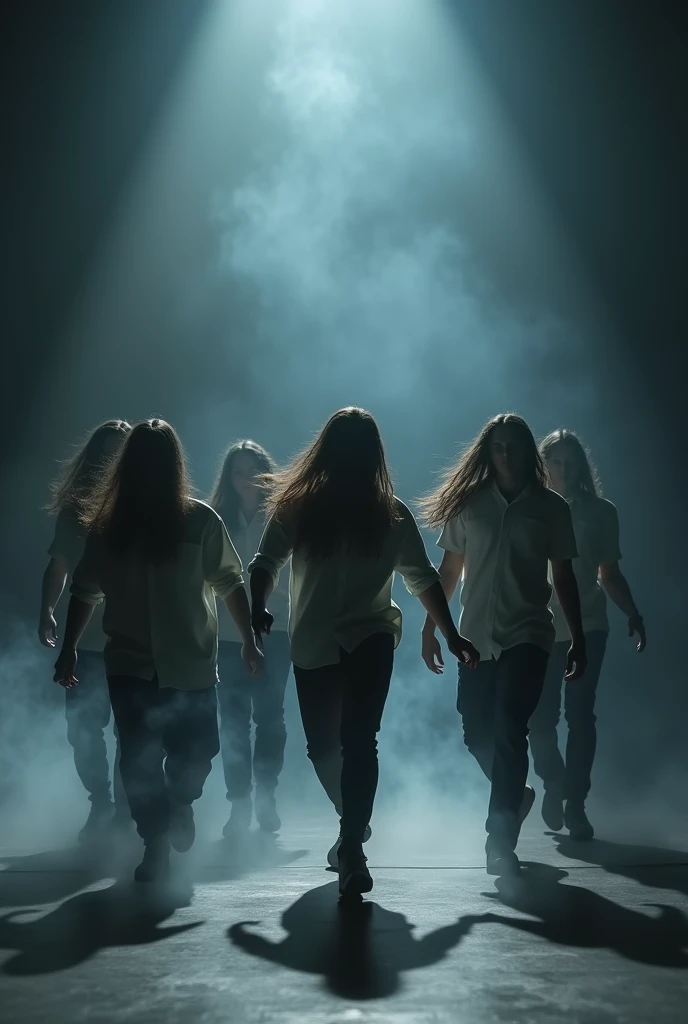 create a group of 6 silhouettes of young-adult men dancing in the shadows they are looking forward and have long hair, cant see any details of them, with more smoke in the ground; they are in a empty show stage;
good try, but there must be 6 men, and the hair is lower than that
ITS THAT, JUST LOW HAIR AND THEY HAVE SHIRTS