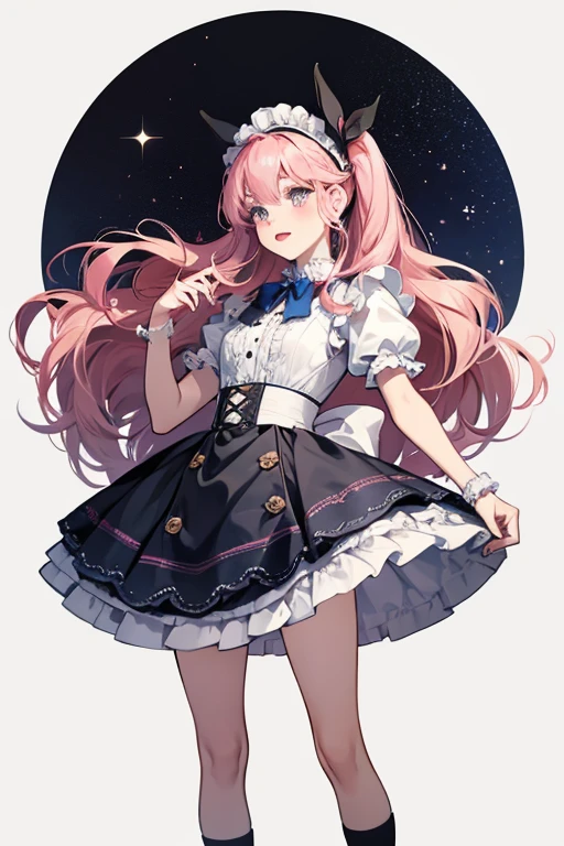 She has red lips and rosy cheeks, and she has a shaped dot in each eye. Her hair is worn loose and straightened, and she has dark apricot puppy ears, paws, and tail. She wears a dark apricot headband with a white, black-spotted bow at the middle and a cupcake on it. She wears an apricot dress with a frilly white apron over it adorned by four blue buttons and dark blue and black spots covering the skirt portion. Her skirt is covered in pink paws and cupcakes and a ruffled pink hem. At the neck is a pale pink bow-tie with a paw on it. Her heels are white and dark apricot with stylized heel. SPARKLE; GLITTER
