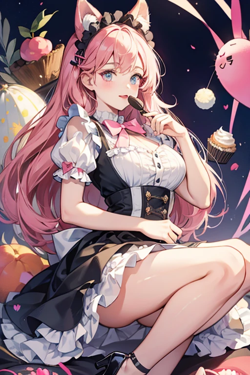 She has red lips and rosy cheeks, and she has a shaped dot in each eye. Her hair is worn loose and straightened, and she has dark apricot puppy ears, paws, and tail. She wears a dark apricot headband with a white, black-spotted bow at the middle and a cupcake on it. She wears an apricot dress with a frilly white apron over it adorned by four blue buttons and dark blue and black spots covering the skirt portion. Her skirt is covered in pink paws and cupcakes and a ruffled pink hem. At the neck is a pale pink bow-tie with a paw on it. Her heels are white and dark apricot with stylized heel. SPARKLE; GLITTER
