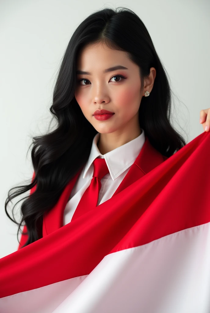 Portrait, Beauty Woman, Long Hair, Black Hair, Hold Indonesian Flag, Shirt white, Focus Camera, Earring, Blazer Red, Tie Red, White Background