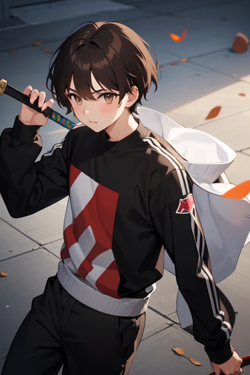 A boy wearing a gray sweatshirt with black, white, and red stripes on the sleeves, black pants, dark brown hair, and light brown eyes, holding a stick shaped like a sword.