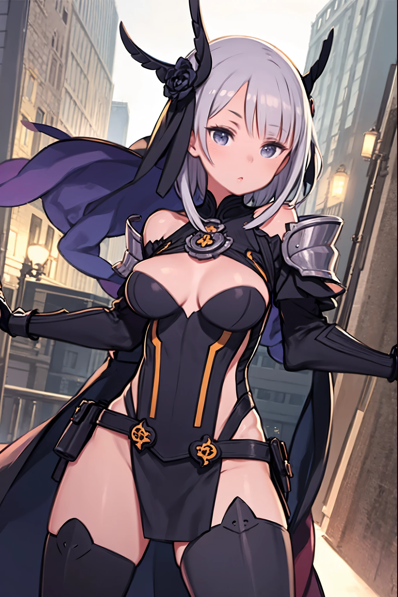 fantasy, 1girl,young_, ,silver_hair, short_hair, long_bangs, bare_shoulder,thighhighs,silver_armor, waist_armor, large_breasts,half_eyes,floating, bare_crotch, headgear,gauntlet, greaves,city_background,slightly_spread_legs, solo, groin_naked,hair_over_one_eye,