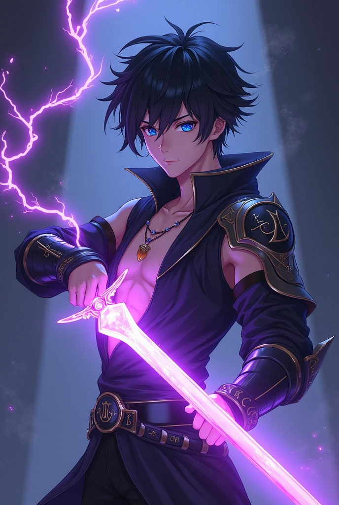 ((masterpiece)), ((High Definition)). An anime-style ager. He is handsome, attractive, distant and cool. black hair, and blue eyes that shine slightly. He wears light black armor, that leaves his arms and chest exposed, inspiring respect for its immense power. From him emanates an electric aura of divinity, purple in color, with magical runes, and a black mist. He holds in one of his hands a magical crystal sword, purple in color. The lighting is soft, highlighting her facial features., what makes his eyes shine, enhancing his imposing presence and divinity. Dynamic pose. with a dark background.