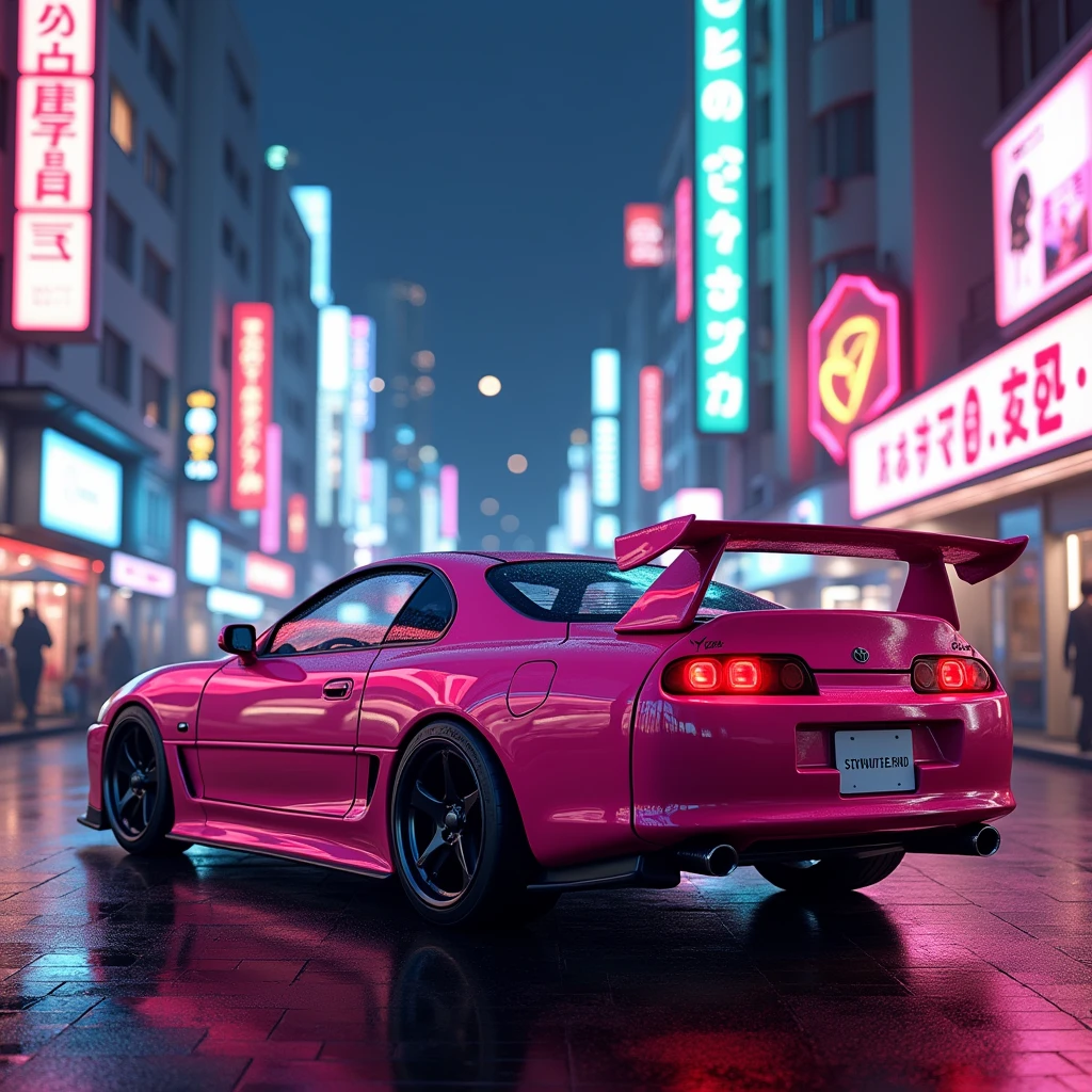 Generate a pink Toyota Supra MK4 in a 1980s Japanese setting.