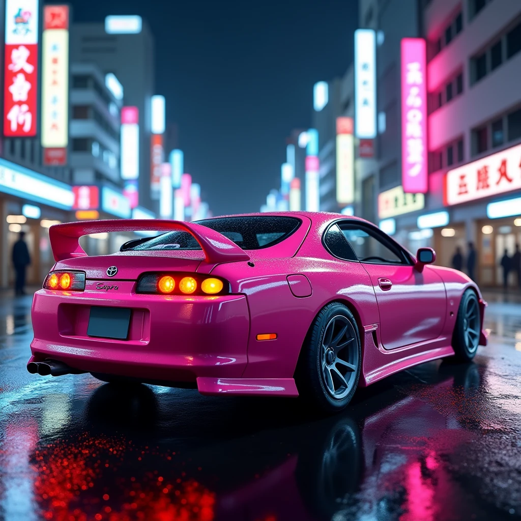 Generate a pink Toyota Supra MK4 in a 1980s Japanese setting.