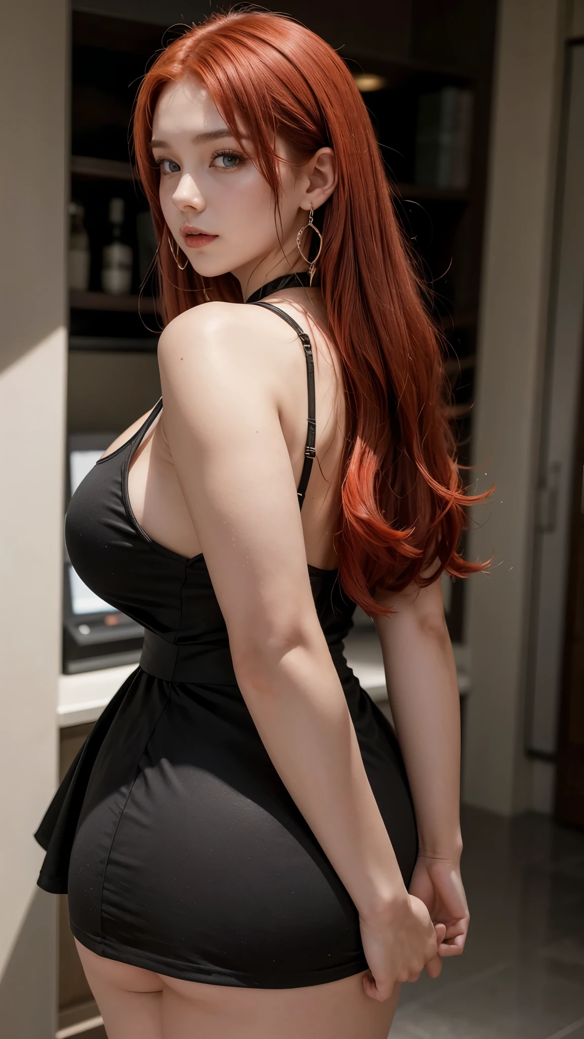 An 18-year-old girl with red hair wearing a short black dress with a large neckline, thick legs, large breasts, wearing large earrings and showing her butt from behind.