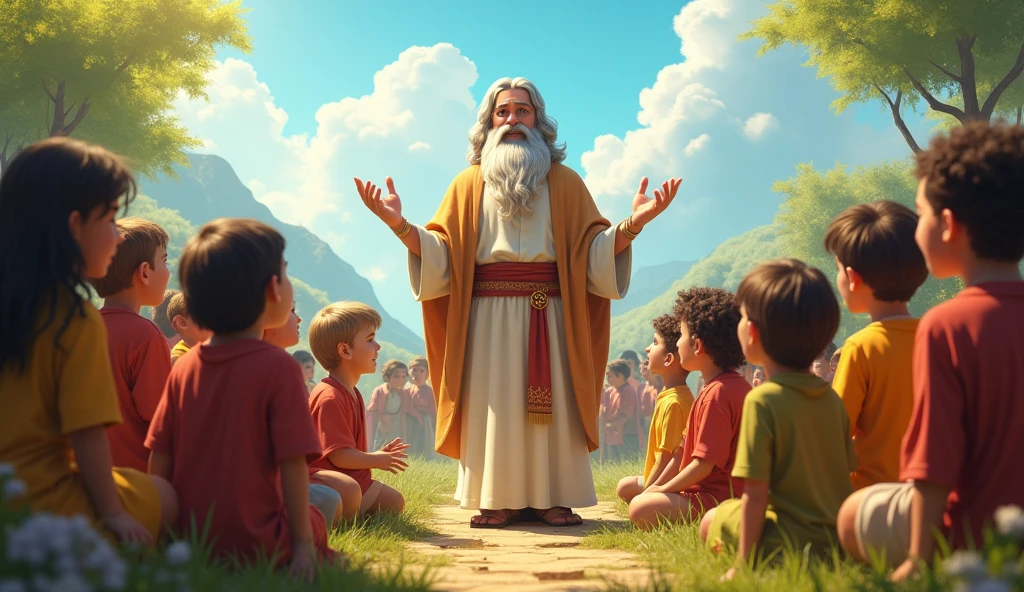  Image of Moses surrounded by children, teaching them about the commandments. A joyful and colorful environment, symbolizing hope and learning.