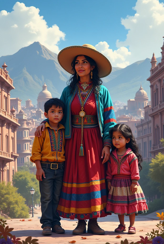 A cholita from La Paz (Bolivian cholita)
,with her son and daughter looking forward with the city of La Paz in the background