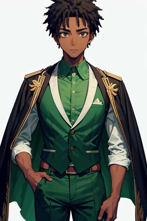 Black boy about African American, slim build, green vest, military print, green pants, black hair, black eyes, black skin, looking directly at viewer white background